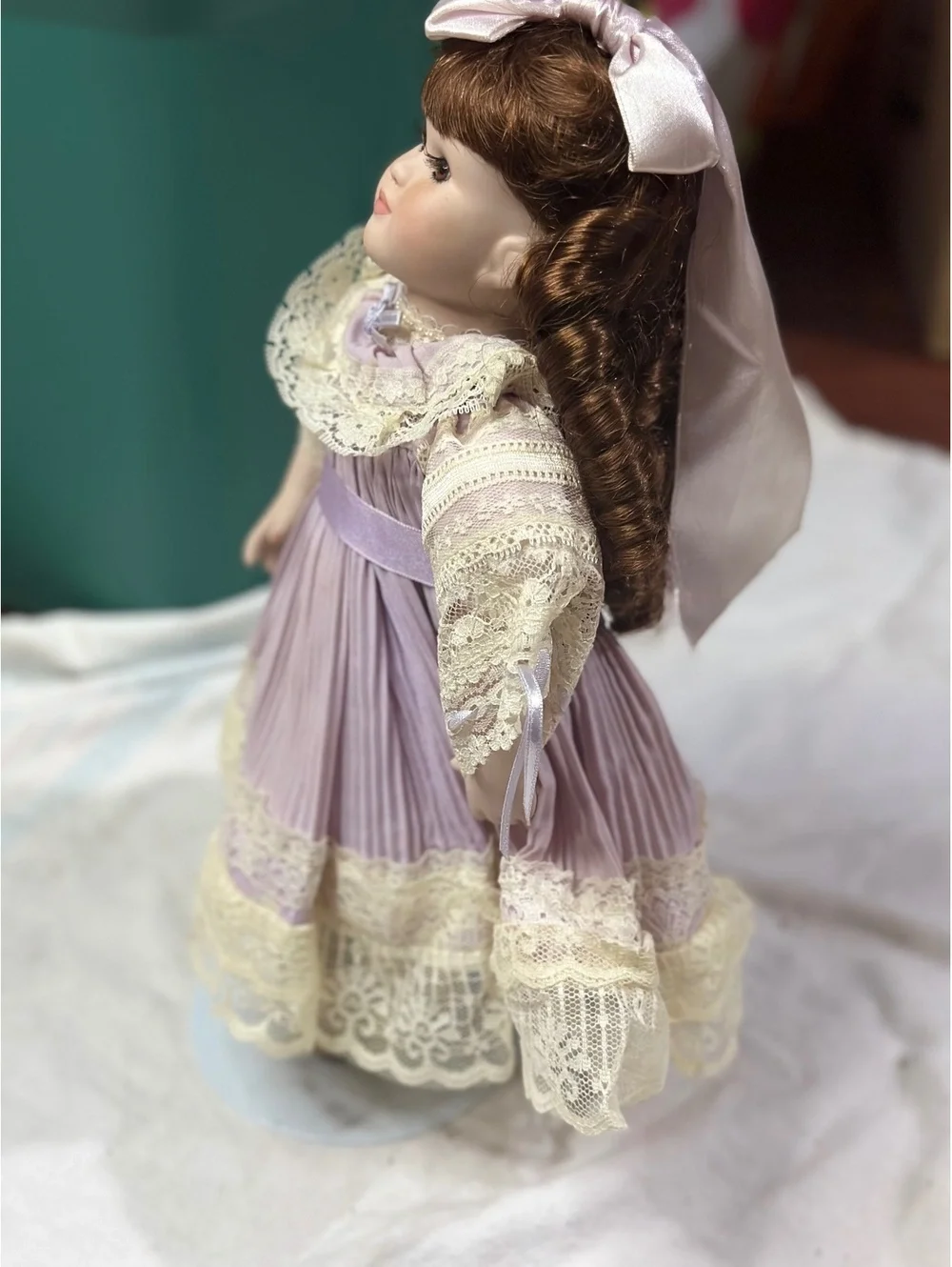 Vintage Porcelain Doll with Lavender Dress and Lace Details